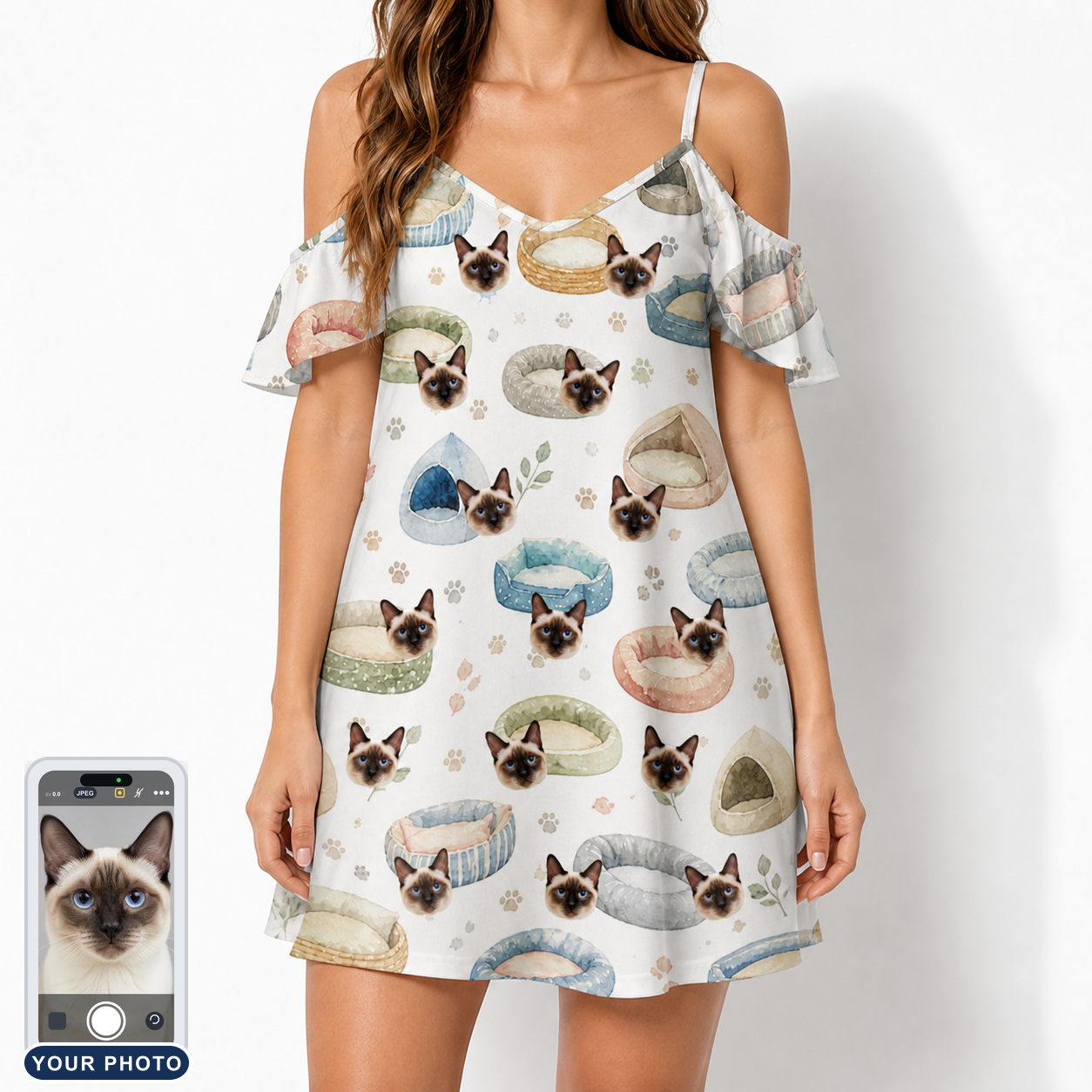 Women's Dreamy Dens Custom Cat Face Off-Shoulder Dress