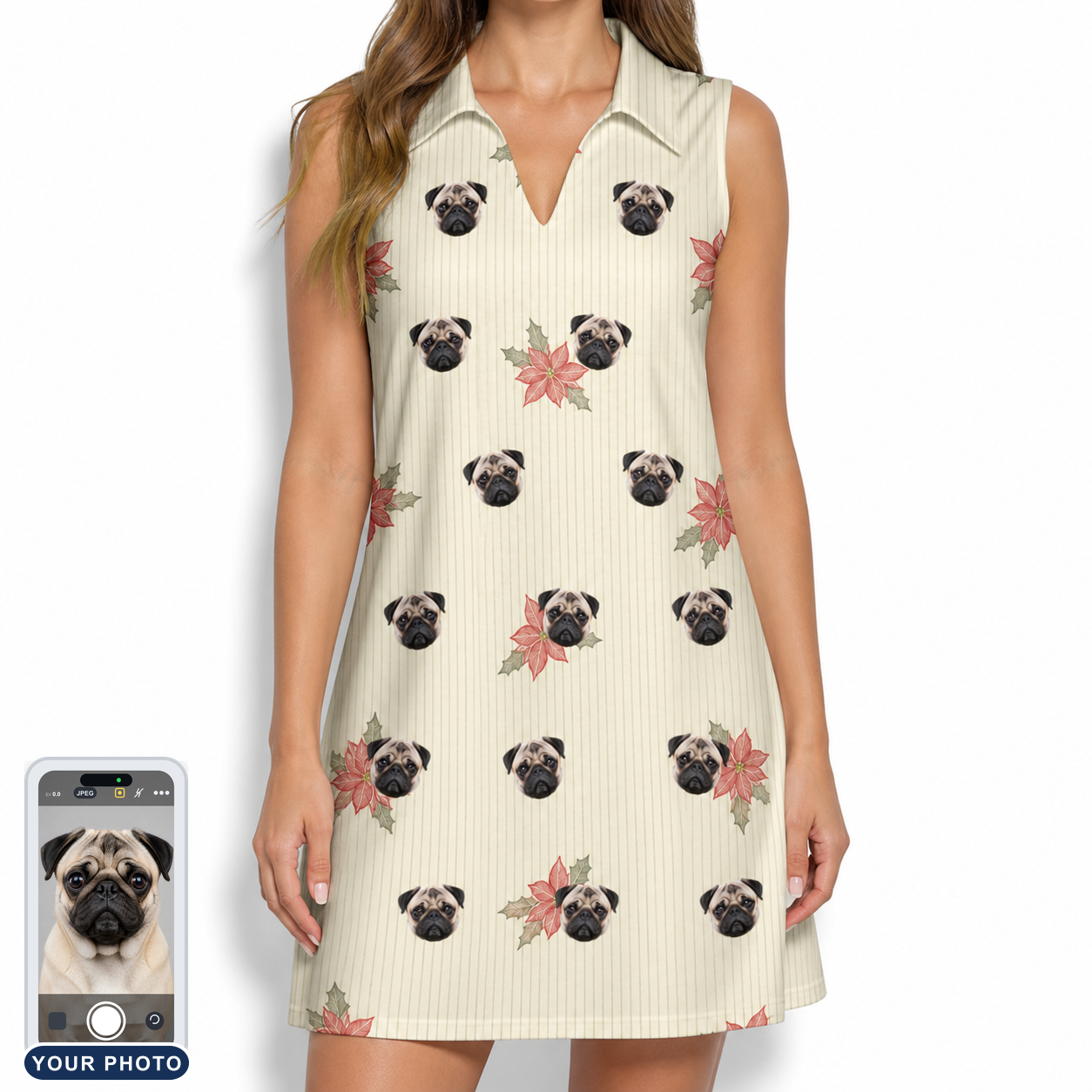 Women's Poinsettia Pop Custom Dog Face V-Neck Dress