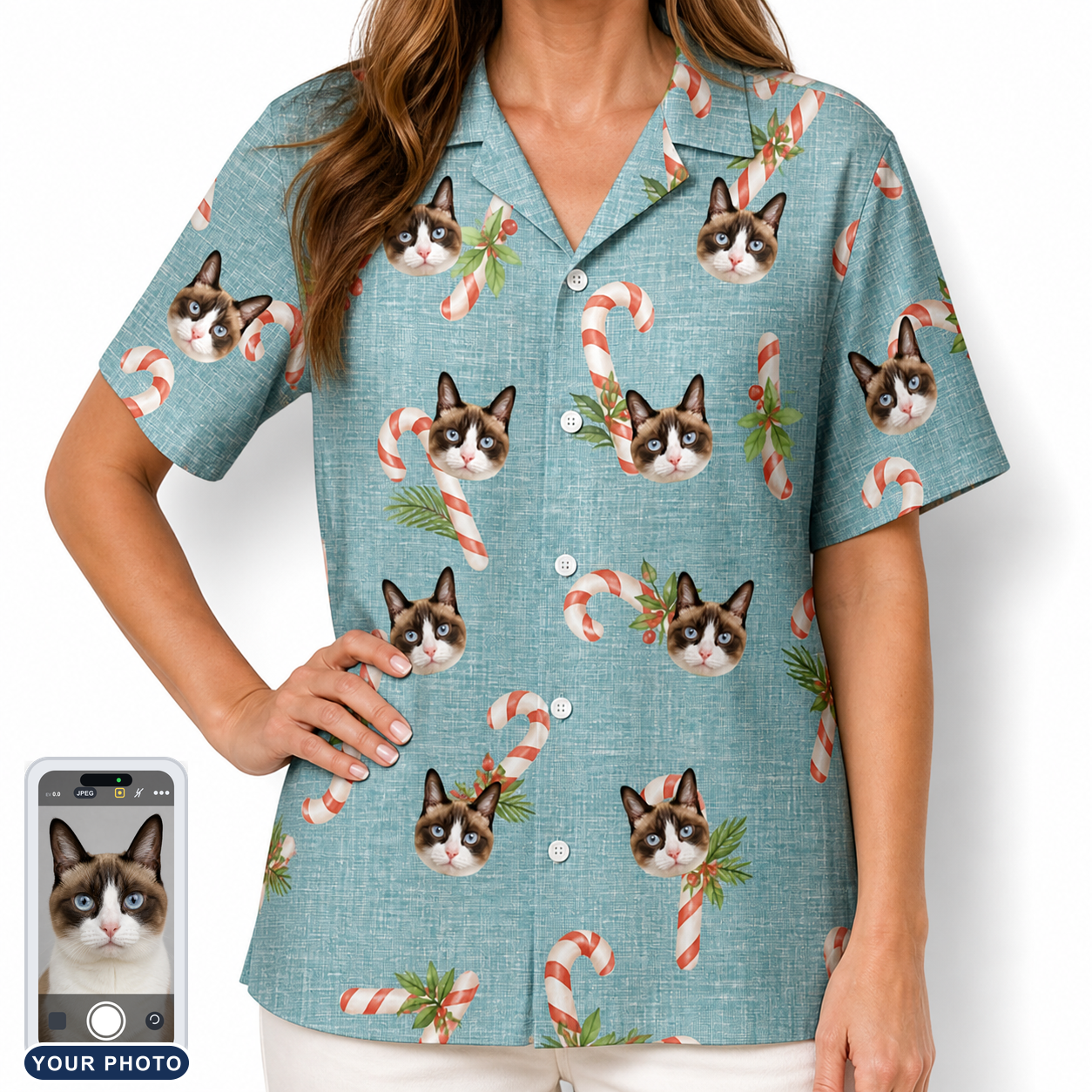 Women's Cane Carousel Custom Cat Face Hawaiian Shirt