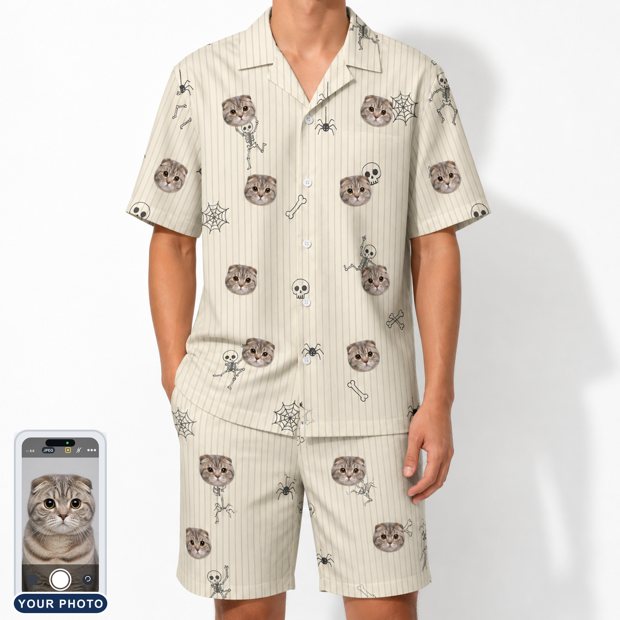 Men's Arachnid Antics Custom Cat Face Shirt & Shorts Set