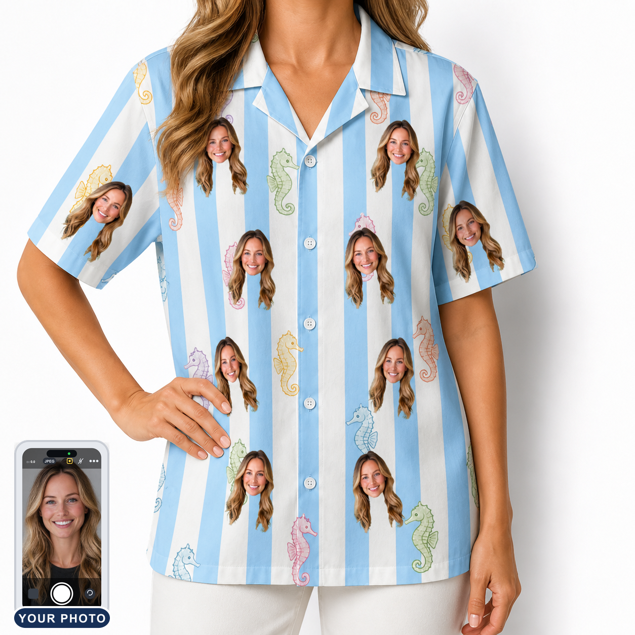 Women's Seahorse Serenade Custom Face Hawaiian Shirt