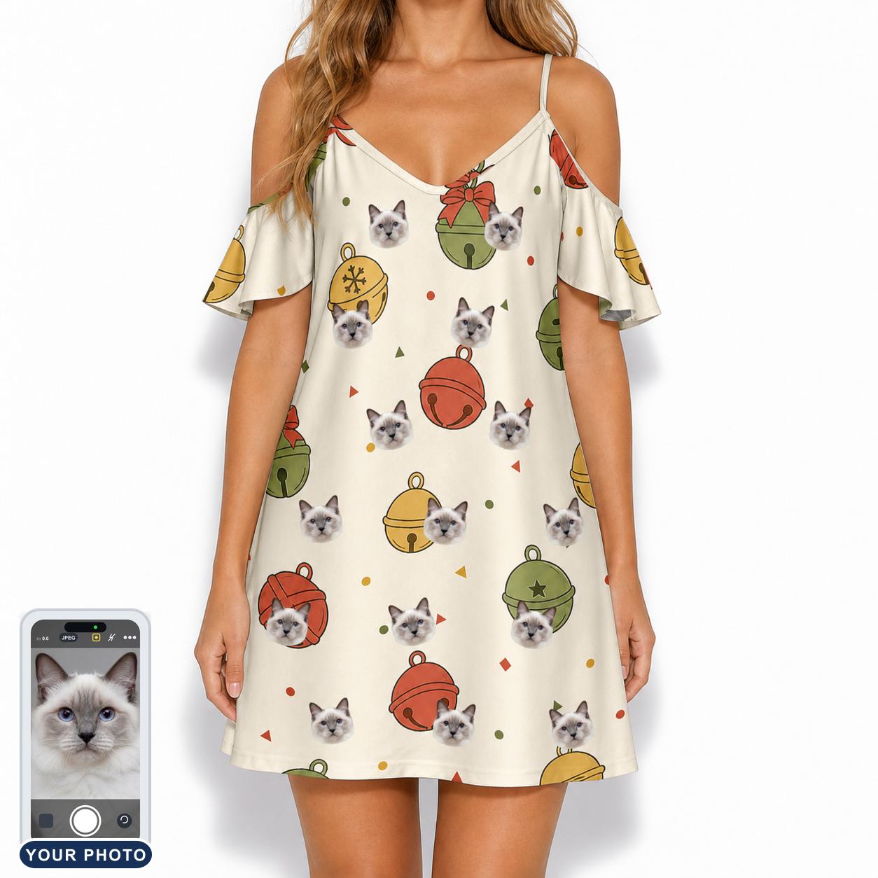 Women's Chime Charms Custom Cat Face Off-Shoulder Dress