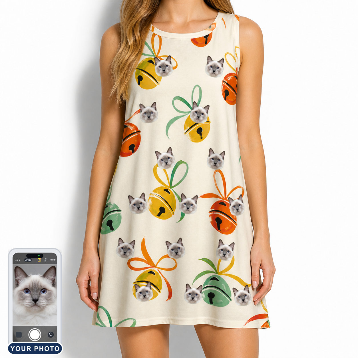 Women's Sleigh Bells Custom Cat Face Tank Dress