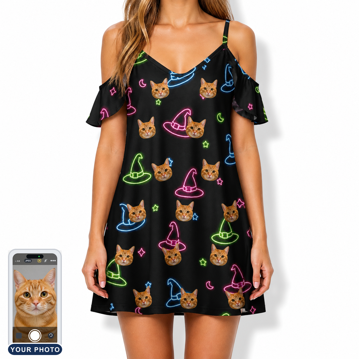 Women's Moonlit Millinery Custom Cat Face Off-Shoulder Dress