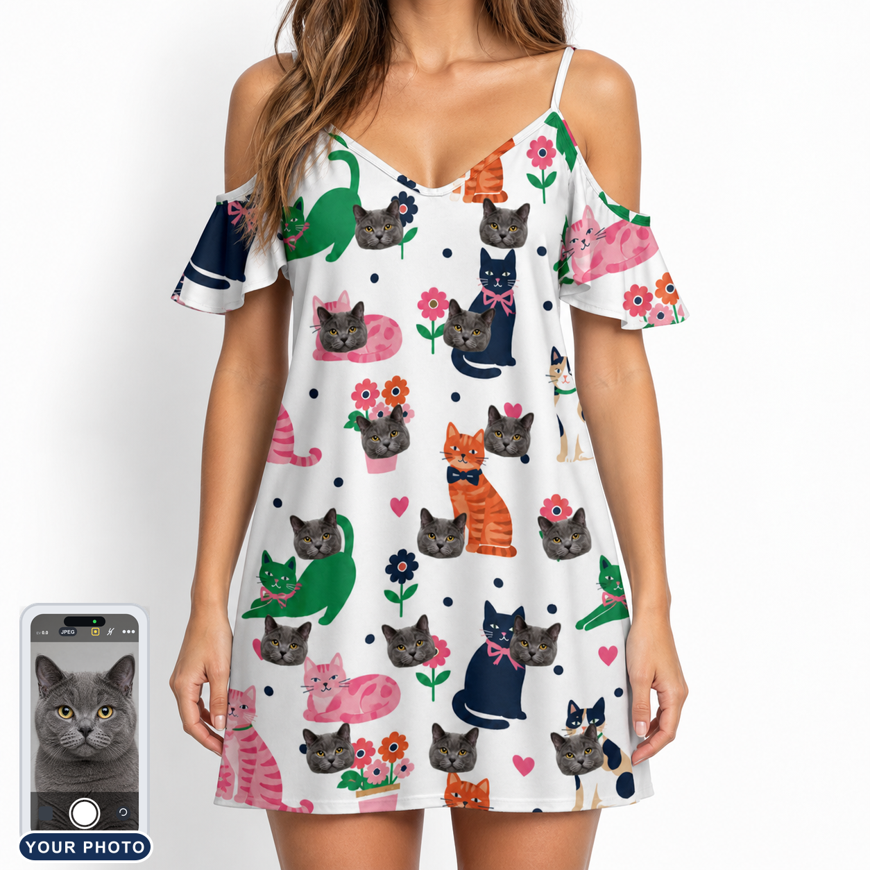 Women's Furball Follies Custom Cat Face Off-Shoulder Dress
