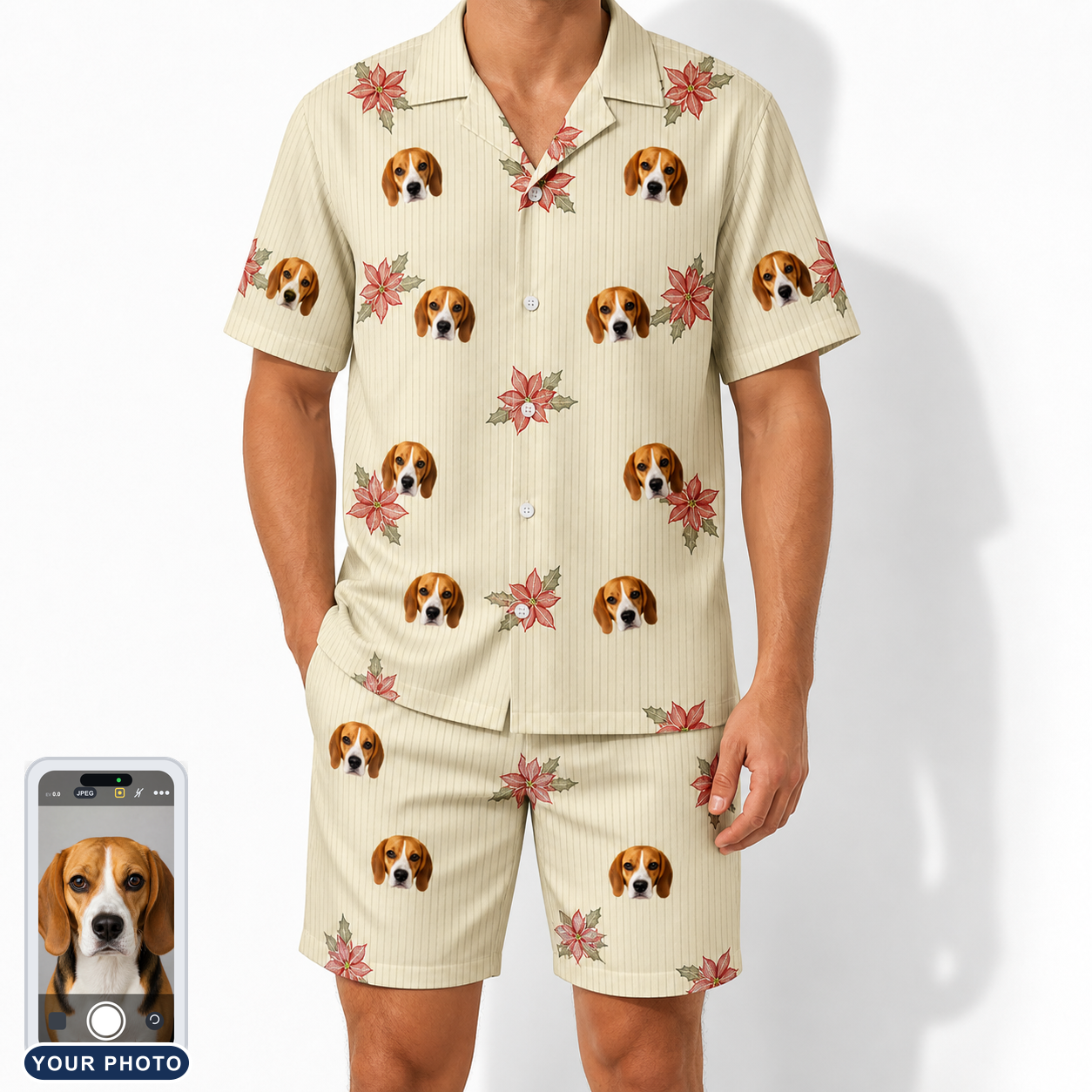 Men's Poinsettia Pop Custom Dog Face Shirt & Shorts Set