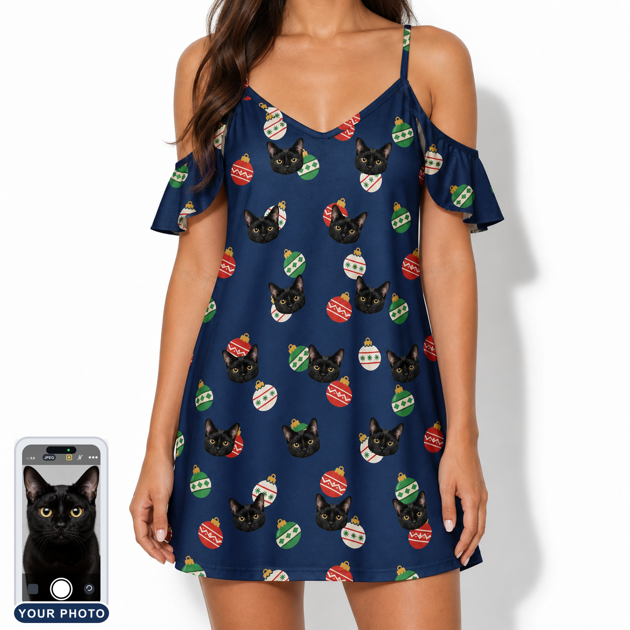 Women's December Dangles Custom Cat Face Off-Shoulder Dress