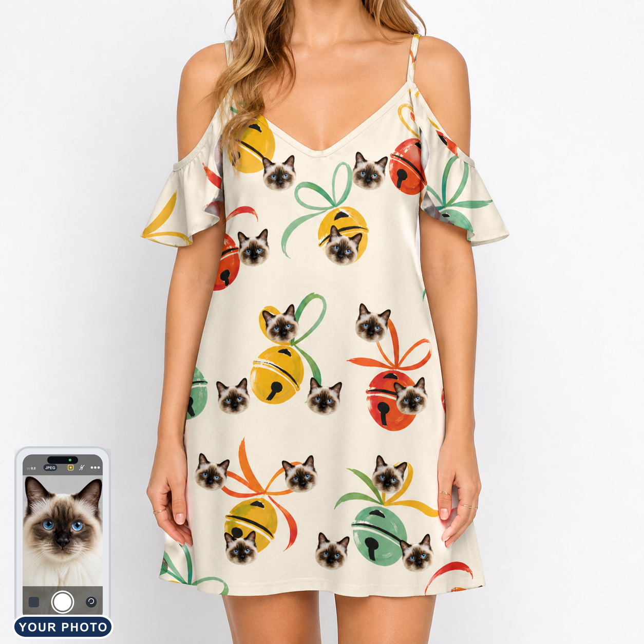 Women's Sleigh Bells Custom Cat Face Off-Shoulder Dress