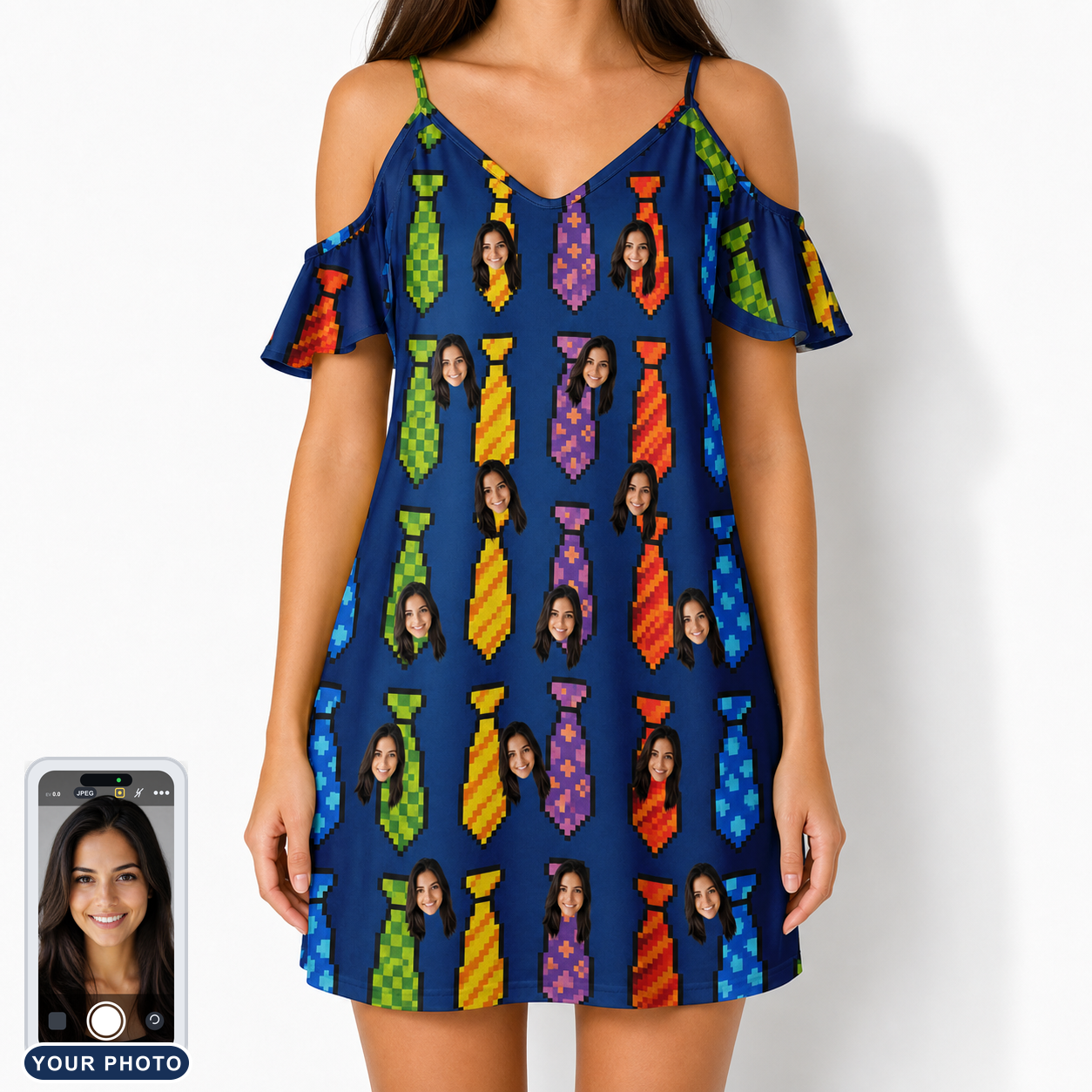 Women's Necktie Nostalgia Custom Face Off-Shoulder Dress