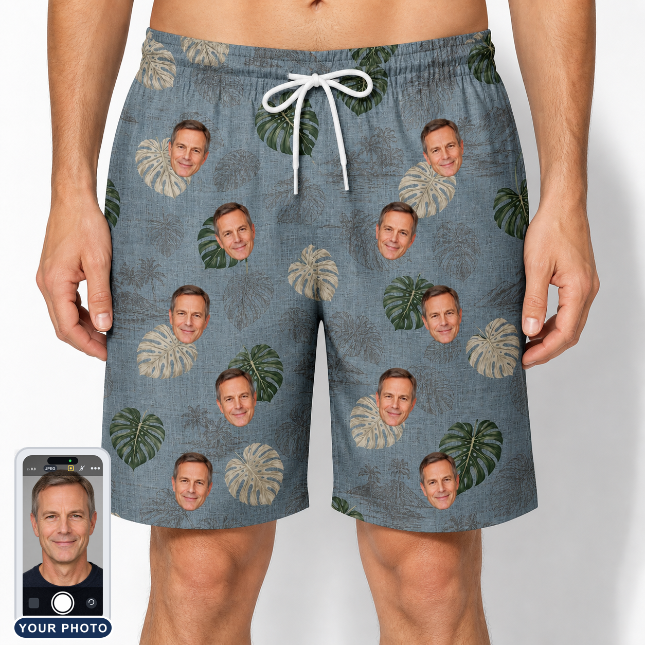 Men's Monstera Mingle Custom Face Beach Shorts