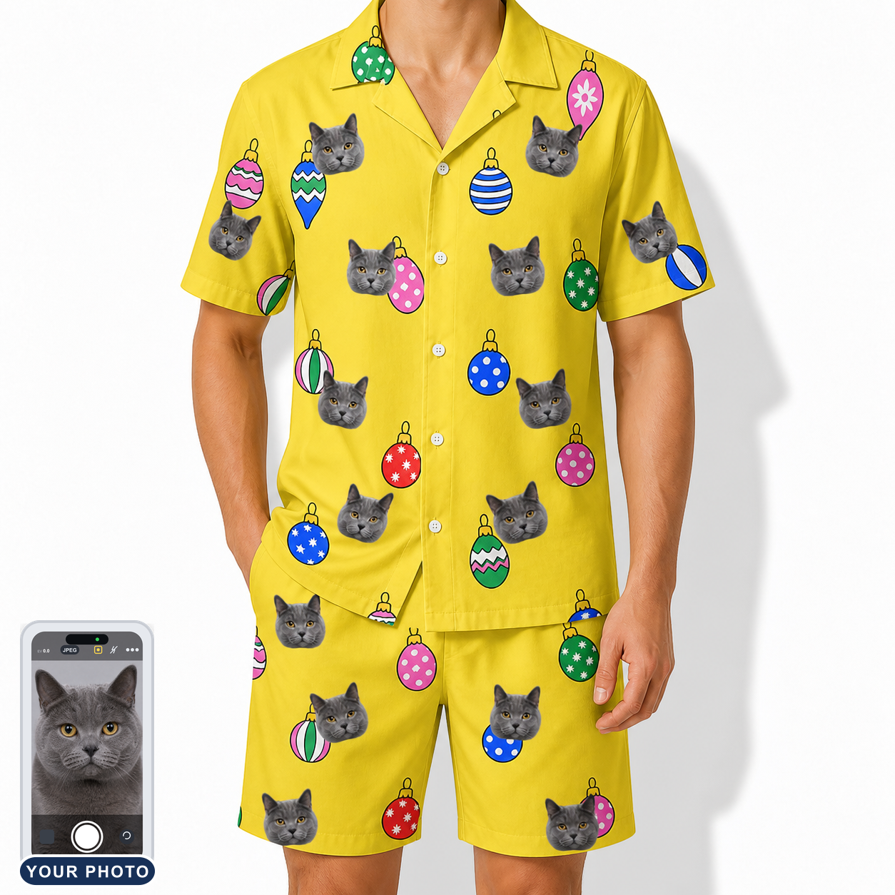 Men's Tree Trinkets Custom Cat Face Shirt & Shorts Set