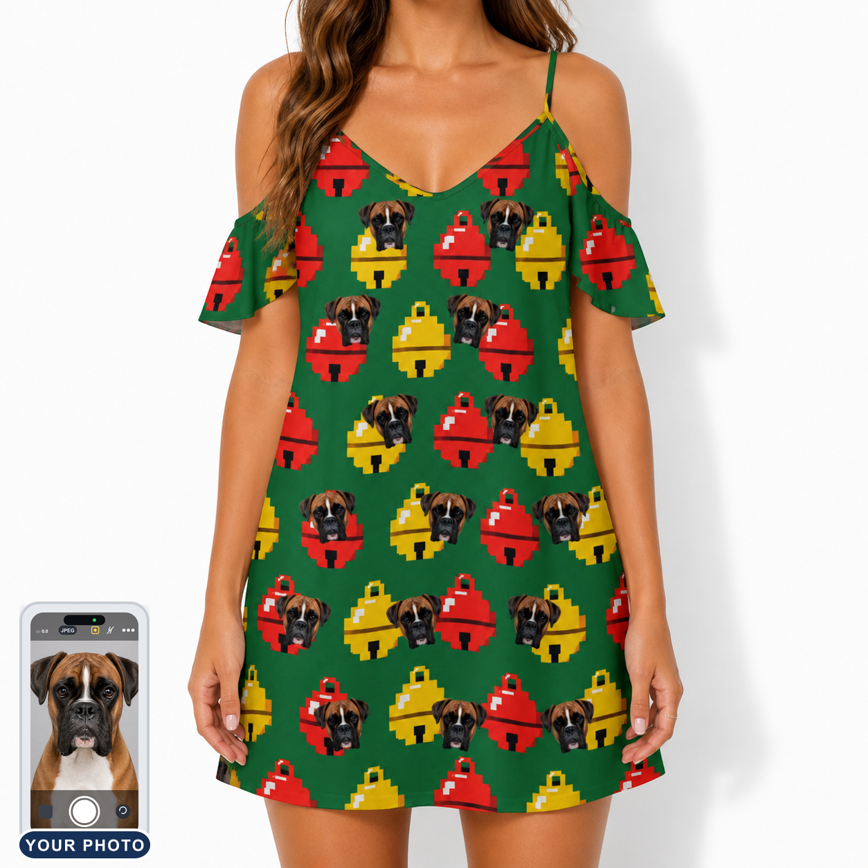Women's Ringing Revelry Custom Dog Face Off-Shoulder Dress
