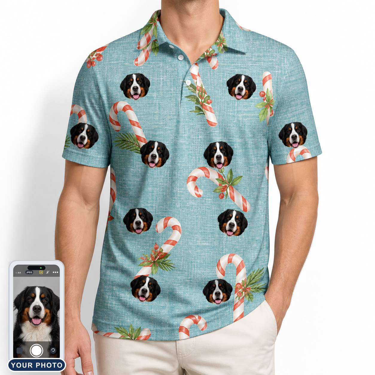 Men's Cane Carousel Custom Dog Face Polo Shirt