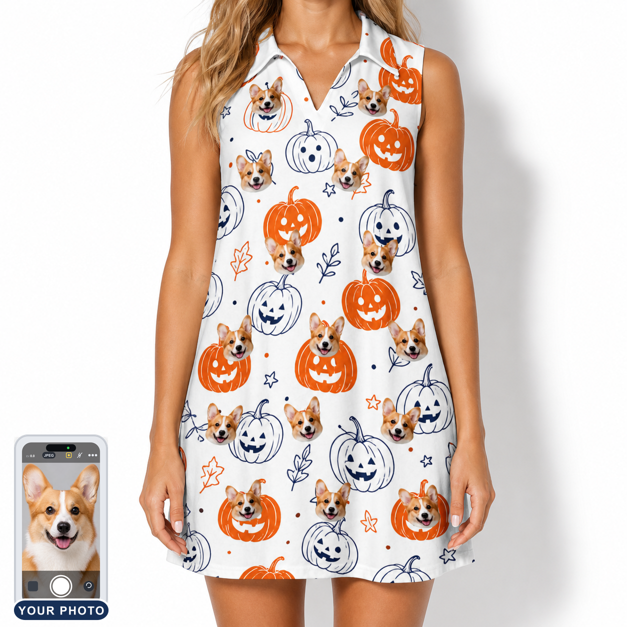 Women's Jack O'Jitters Custom Dog Face V-Neck Dress