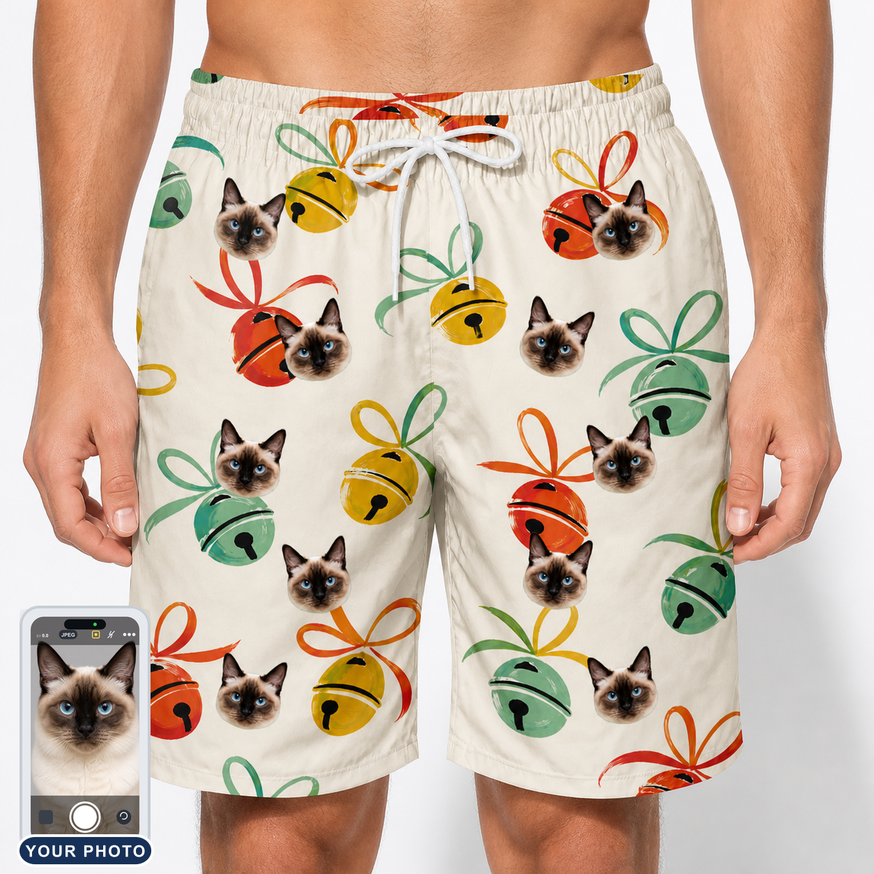 Men's Sleigh Bells Custom Cat Face Beach Shorts