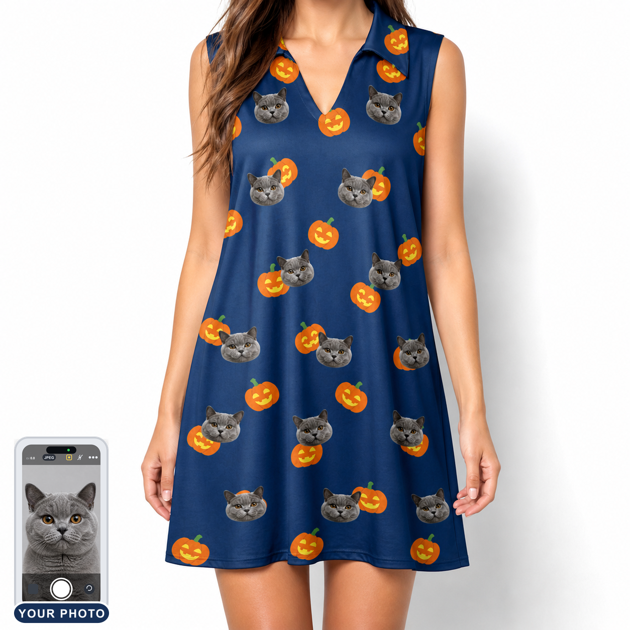 Women's Orange Oddities Custom Cat Face V-Neck Dress