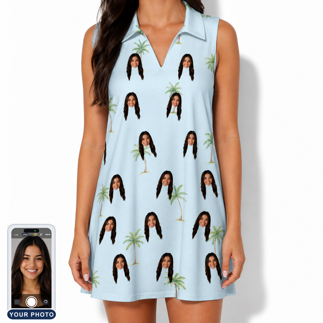 Women's Chrome Fronds Custom Face V-Neck Dress