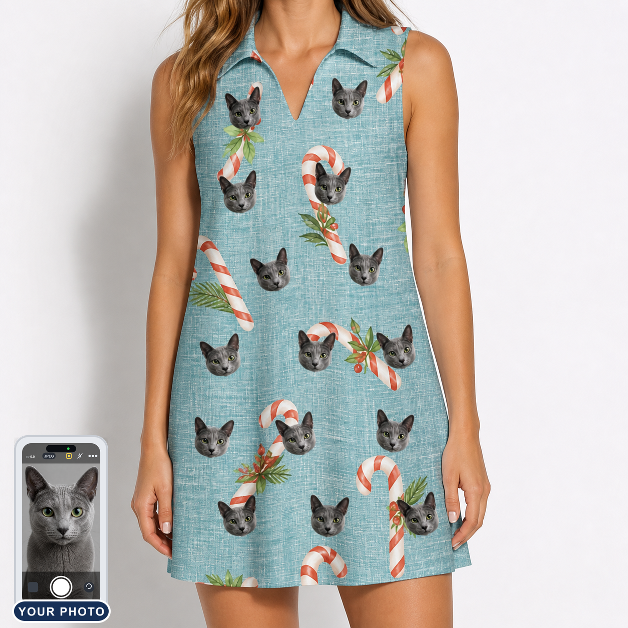 Women's Cane Carousel Custom Cat Face V-Neck Dress