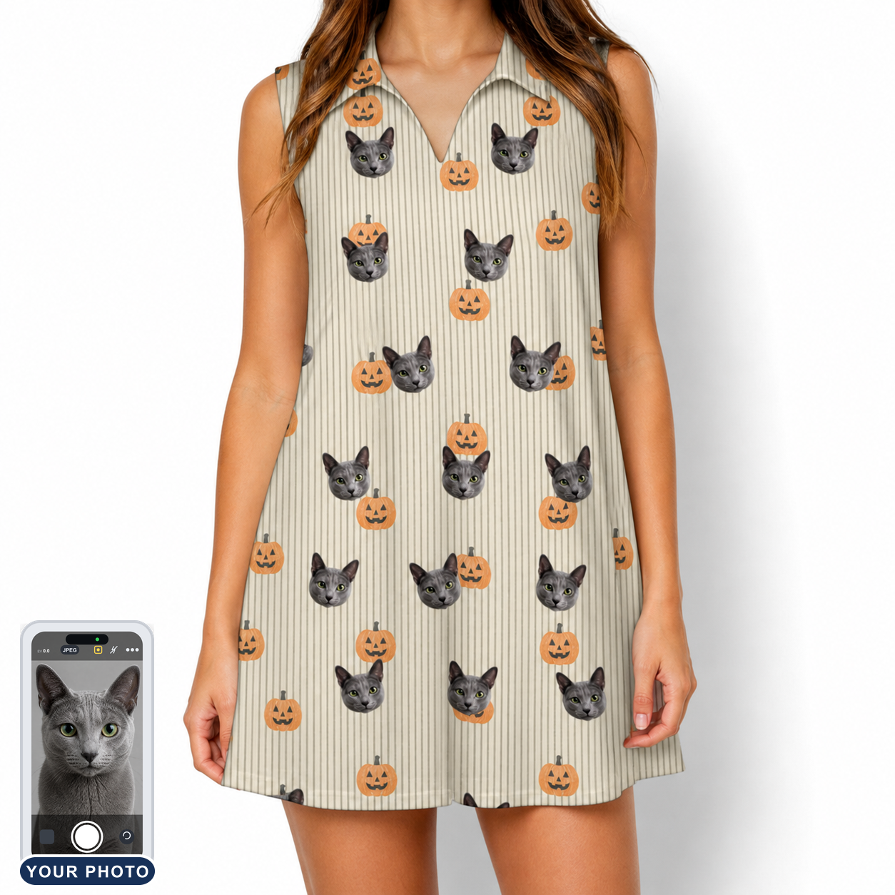 Women's Fiery Fiends Custom Cat Face V-Neck Dress
